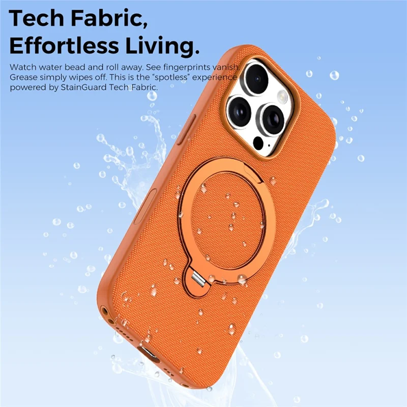 For iPhone 16 Pro Case Magnetic Rotating Kickstand Tech Fabric TPU Protective Cover - Orange