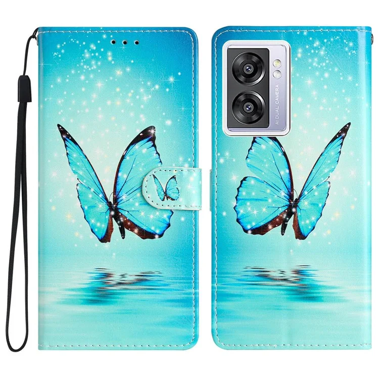 Per Oppo A57 4G / A57 (2022) 5G / A77 5G custodia a portafoglio in pelle PU con stampa a motivi, guscio interno in TPU, chiusura magnetica, funzione supporto e tracolla - Farfalla blu