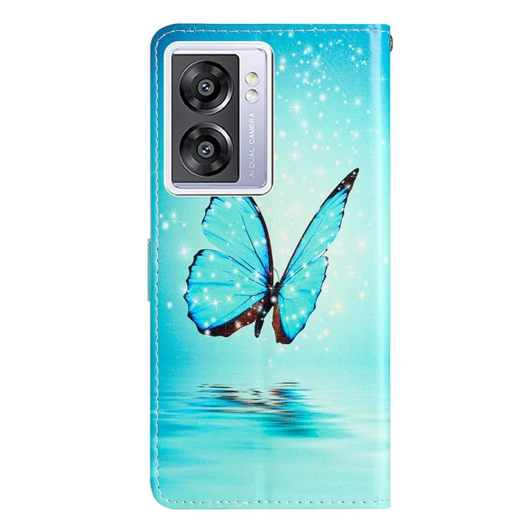 Per Oppo A57 4G / A57 (2022) 5G / A77 5G custodia a portafoglio in pelle PU con stampa a motivi, guscio interno in TPU, chiusura magnetica, funzione supporto e tracolla - Farfalla blu