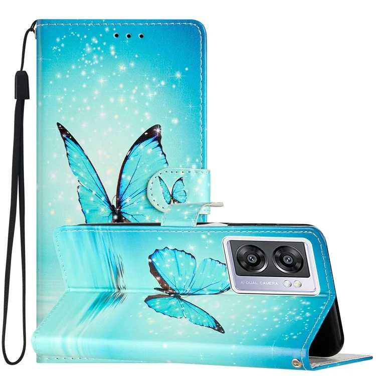 Per Oppo A57 4G / A57 (2022) 5G / A77 5G custodia a portafoglio in pelle PU con stampa a motivi, guscio interno in TPU, chiusura magnetica, funzione supporto e tracolla - Farfalla blu