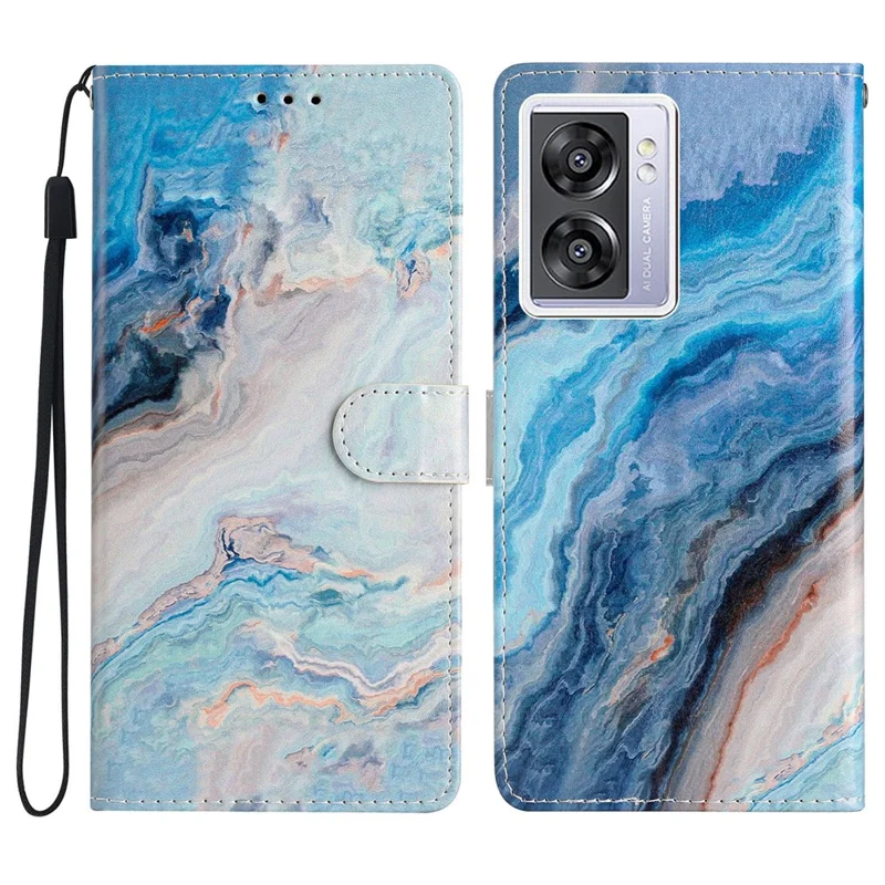 Per Oppo A57 4G / A57 (2022) 5G / A77 5G Custodia a portafoglio in pelle PU con stampa a motivo, cover interna in TPU, chiusura magnetica, funzione stand e tracolla - Blue Marble