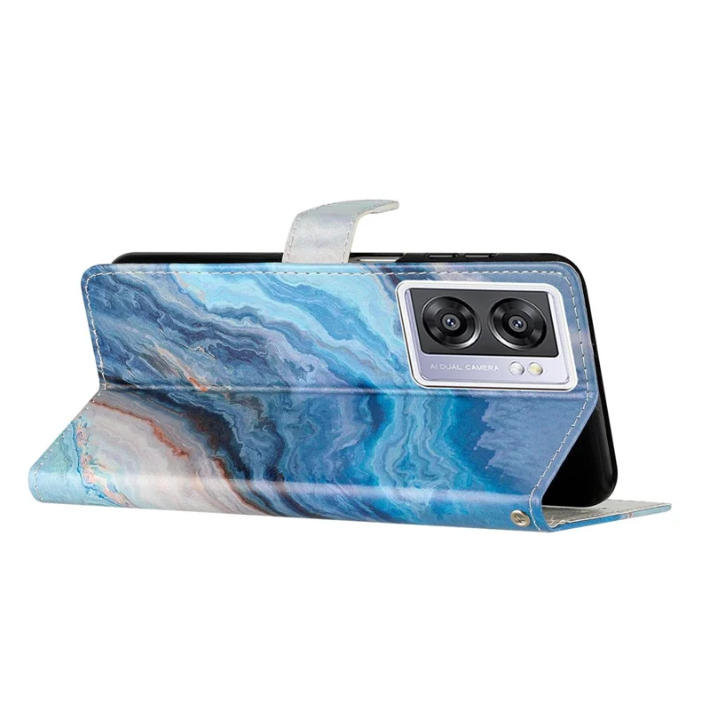 Per Oppo A57 4G / A57 (2022) 5G / A77 5G Custodia a portafoglio in pelle PU con stampa a motivo, cover interna in TPU, chiusura magnetica, funzione stand e tracolla - Blue Marble