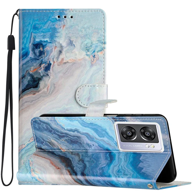 Per Oppo A57 4G / A57 (2022) 5G / A77 5G Custodia a portafoglio in pelle PU con stampa a motivo, cover interna in TPU, chiusura magnetica, funzione stand e tracolla - Blue Marble