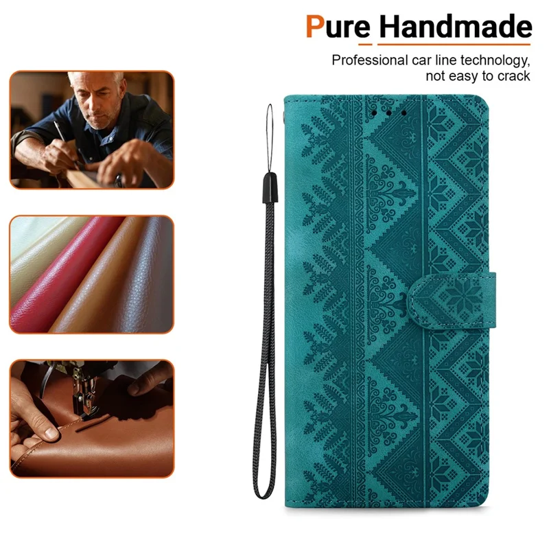 For Xiaomi 18 Pro Max Wallet Case Imprinted Ethnic Pattern Leather Phone Cover with Wrist Strap - Green