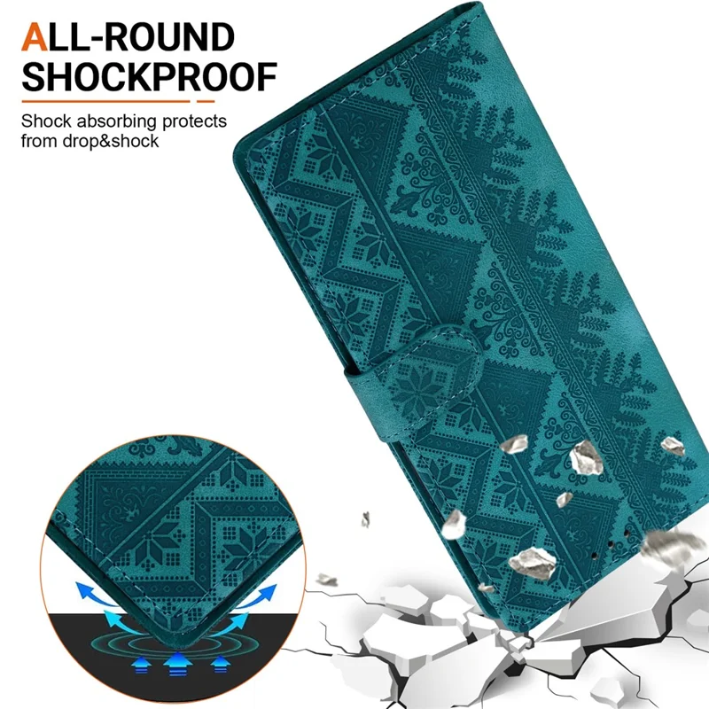 For Xiaomi 18 Pro Max Wallet Case Imprinted Ethnic Pattern Leather Phone Cover with Wrist Strap - Green