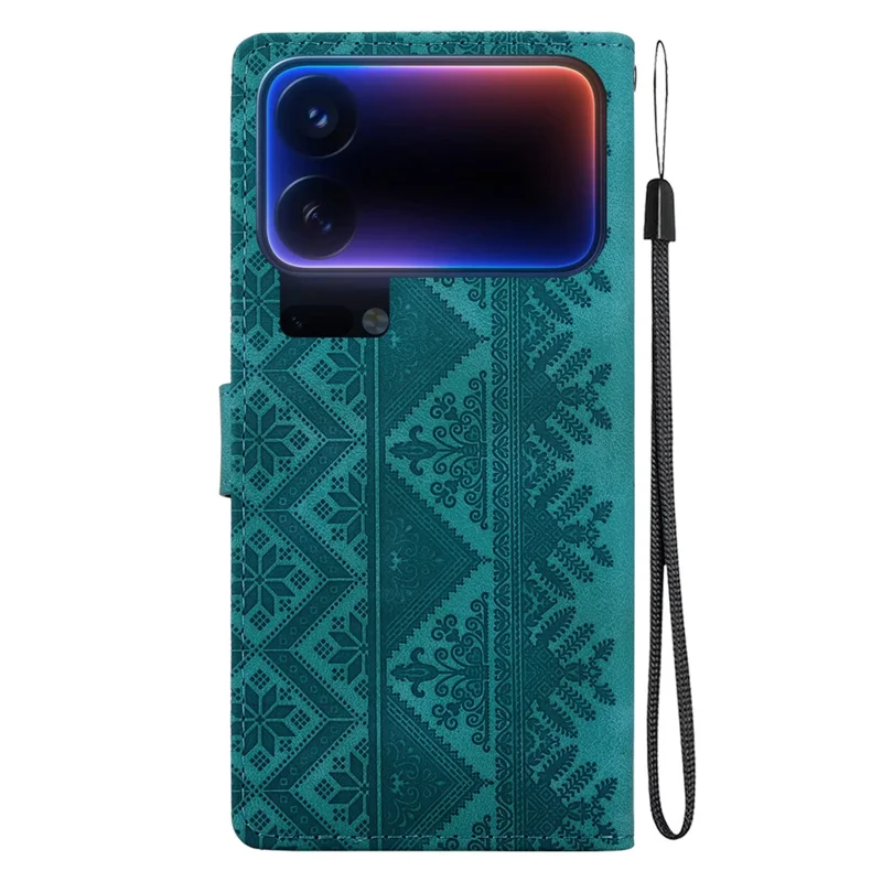 For Xiaomi 18 Pro Max Wallet Case Imprinted Ethnic Pattern Leather Phone Cover with Wrist Strap - Green