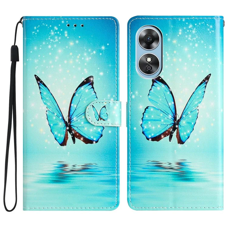 Für Oppo A17 4G / A17k 4G PU-Leder-Muster-Druckklapp-Handyhülle mit Magnetverschluss, Ständer, Wallet-Folio-Schutzhülle mit Riemen - Blauer Schmetterling