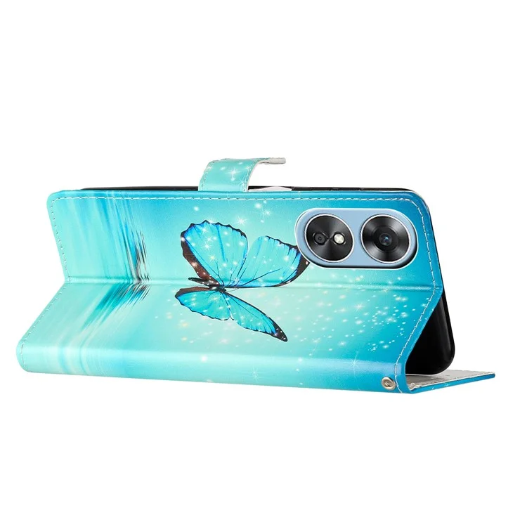 Für Oppo A17 4G / A17k 4G PU-Leder-Muster-Druckklapp-Handyhülle mit Magnetverschluss, Ständer, Wallet-Folio-Schutzhülle mit Riemen - Blauer Schmetterling