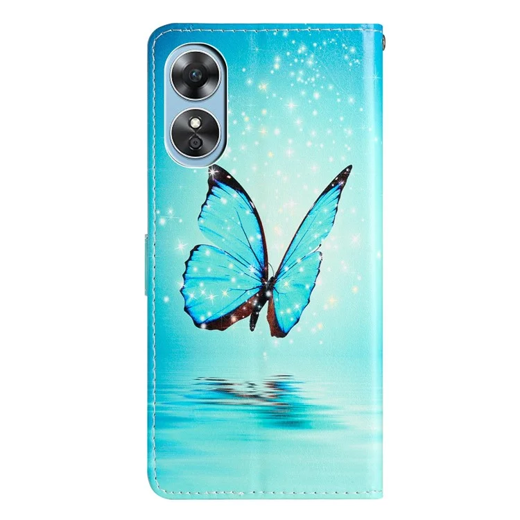 Für Oppo A17 4G / A17k 4G PU-Leder-Muster-Druckklapp-Handyhülle mit Magnetverschluss, Ständer, Wallet-Folio-Schutzhülle mit Riemen - Blauer Schmetterling