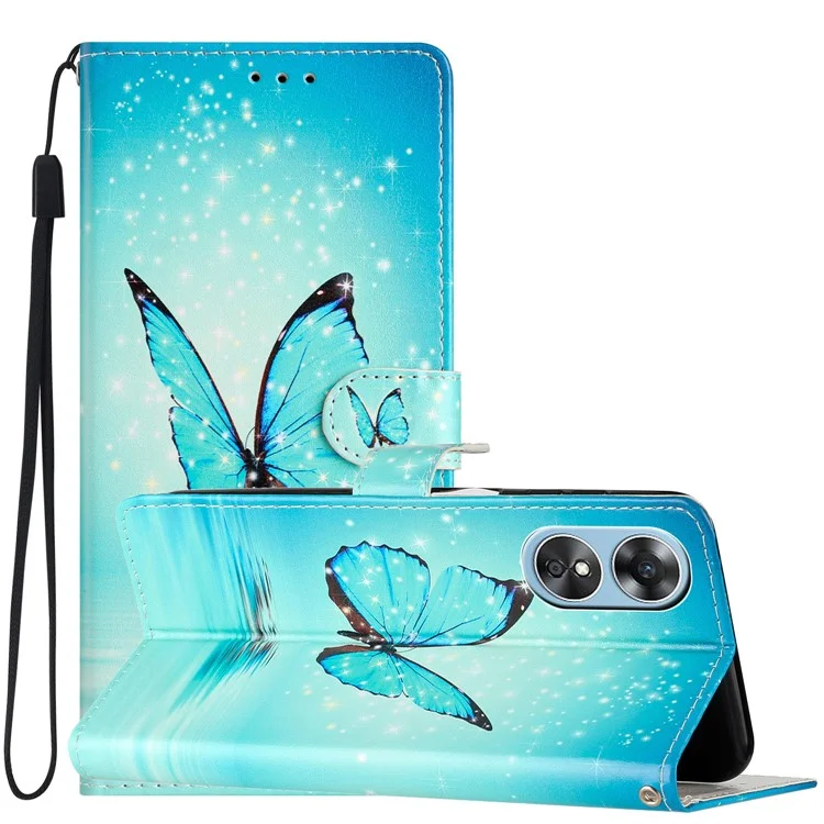 Für Oppo A17 4G / A17k 4G PU-Leder-Muster-Druckklapp-Handyhülle mit Magnetverschluss, Ständer, Wallet-Folio-Schutzhülle mit Riemen - Blauer Schmetterling