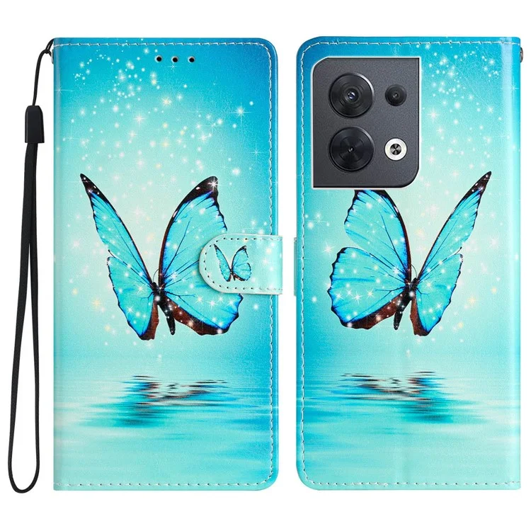 Para Oppo Reno8 5G (versión Global) Impresión de Patrones PU Flip Cover Soport Funccion Funcionar la Billetera de Cierre Magnético Case Con Correa - Mariposa Azul