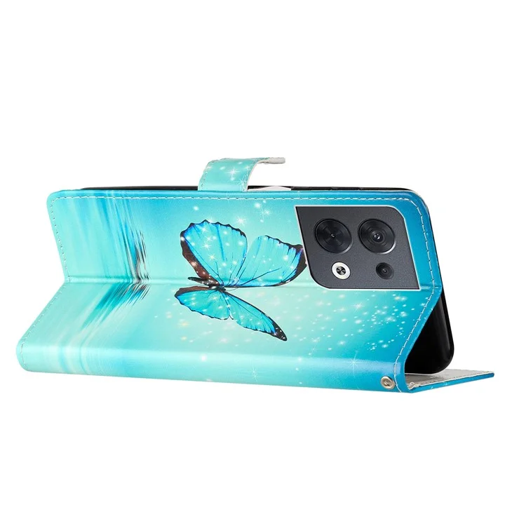 Para Oppo Reno8 5G (versión Global) Impresión de Patrones PU Flip Cover Soport Funccion Funcionar la Billetera de Cierre Magnético Case Con Correa - Mariposa Azul
