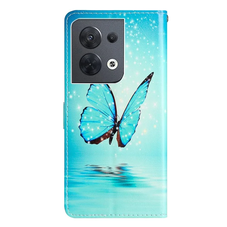 Para Oppo Reno8 5G (versión Global) Impresión de Patrones PU Flip Cover Soport Funccion Funcionar la Billetera de Cierre Magnético Case Con Correa - Mariposa Azul