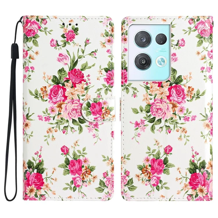 Für Oppo Reno8 Pro 5G (Global Version) PU-Leder-Bucheinband mit Standfunktion, Musteraufdruck, magnetischem Verschluss, Brieftaschenstil-Klappphonehülle mit Riemen - Rote Blumen