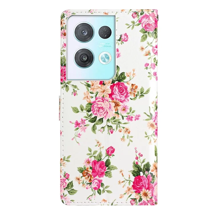 Für Oppo Reno8 Pro 5G (Global Version) PU-Leder-Bucheinband mit Standfunktion, Musteraufdruck, magnetischem Verschluss, Brieftaschenstil-Klappphonehülle mit Riemen - Rote Blumen