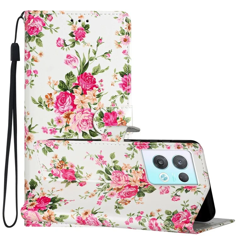 Für Oppo Reno8 Pro 5G (Global Version) PU-Leder-Bucheinband mit Standfunktion, Musteraufdruck, magnetischem Verschluss, Brieftaschenstil-Klappphonehülle mit Riemen - Rote Blumen