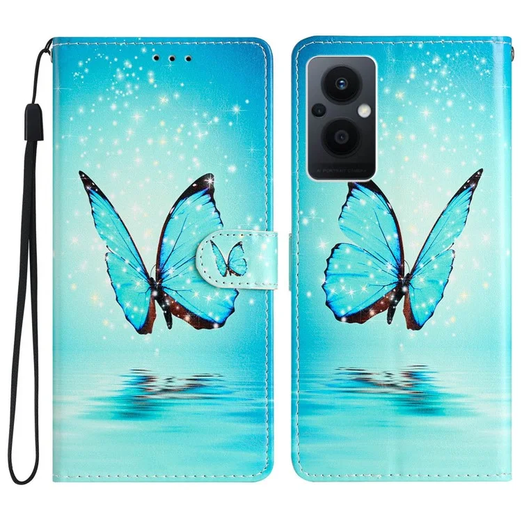 Pour Oppo Reno8 Lite 5G / Reno7 Z 5G PU Portefeuille en Cuir Case de Fermeture Magnétique Stand Full Protection Folio Flip Modèle Impression Téléphone Couvercle Avec Sangle - Papillon Bleu