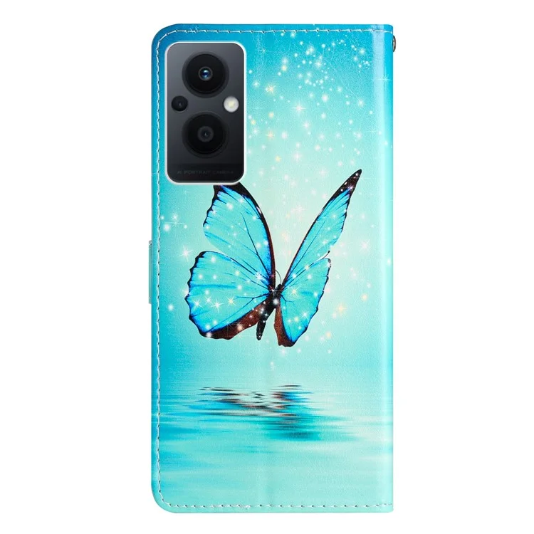 Pour Oppo Reno8 Lite 5G / Reno7 Z 5G PU Portefeuille en Cuir Case de Fermeture Magnétique Stand Full Protection Folio Flip Modèle Impression Téléphone Couvercle Avec Sangle - Papillon Bleu
