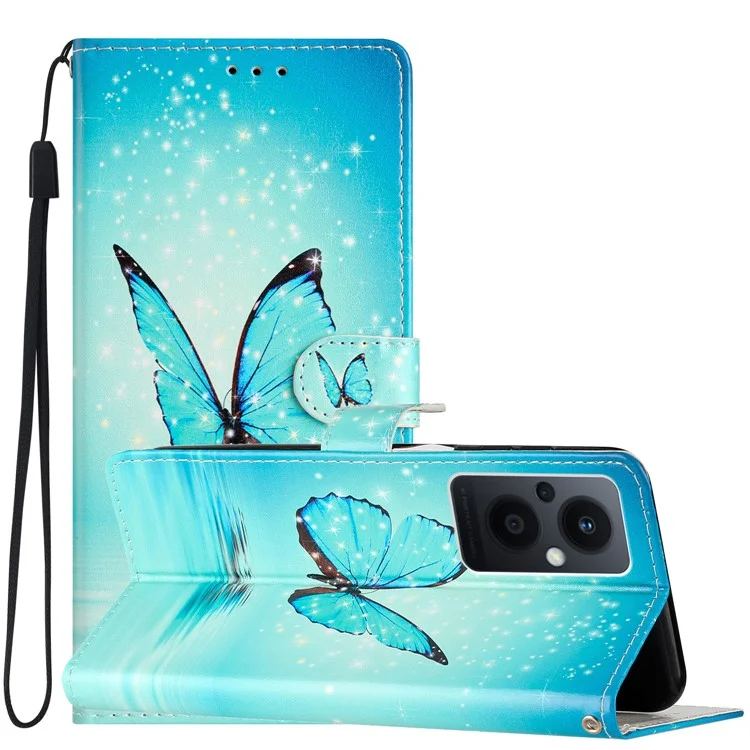 Pour Oppo Reno8 Lite 5G / Reno7 Z 5G PU Portefeuille en Cuir Case de Fermeture Magnétique Stand Full Protection Folio Flip Modèle Impression Téléphone Couvercle Avec Sangle - Papillon Bleu