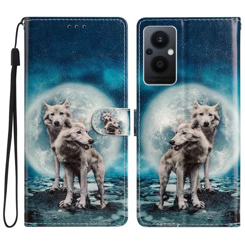 For Oppo Reno8 Lite 5G / Reno7 Z 5G PU Leather Wallet Case Magnetic Closure Stand Full Protection Folio Flip Pattern Printing Phone Cover with Strap - Two Wolves