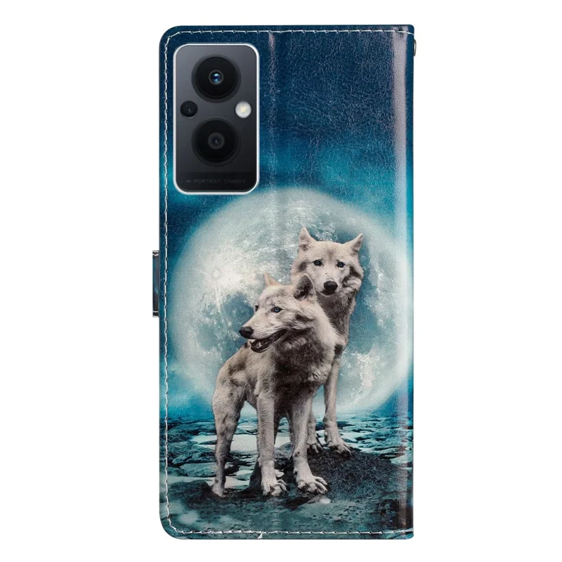 For Oppo Reno8 Lite 5G / Reno7 Z 5G PU Leather Wallet Case Magnetic Closure Stand Full Protection Folio Flip Pattern Printing Phone Cover with Strap - Two Wolves