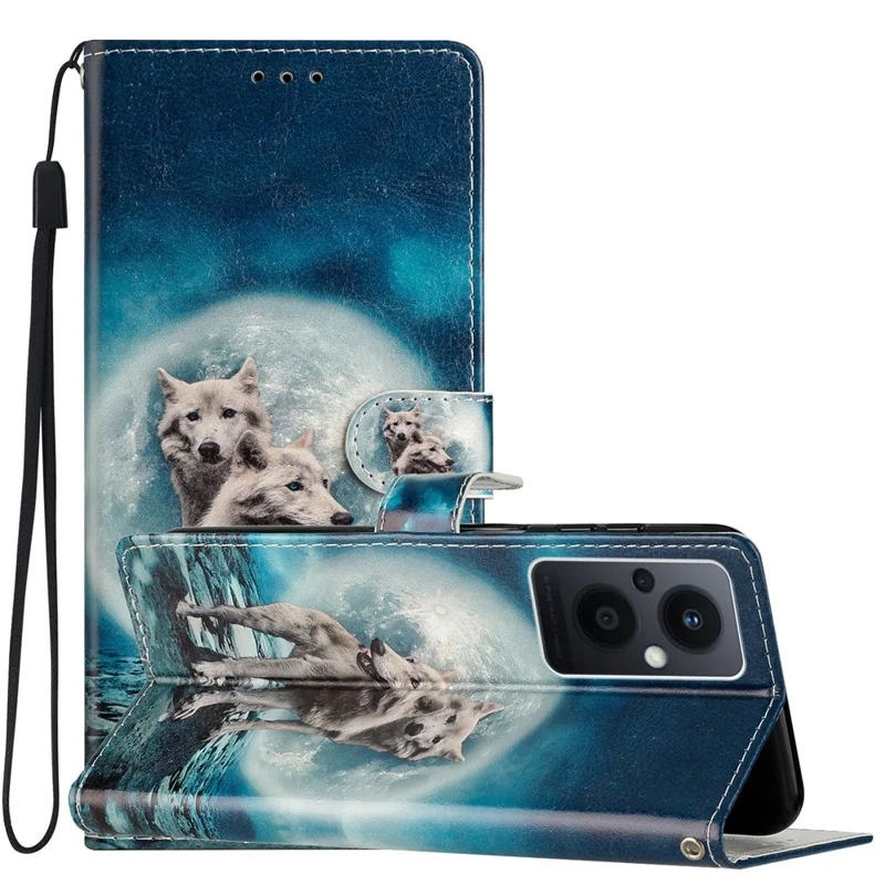 For Oppo Reno8 Lite 5G / Reno7 Z 5G PU Leather Wallet Case Magnetic Closure Stand Full Protection Folio Flip Pattern Printing Phone Cover with Strap - Two Wolves