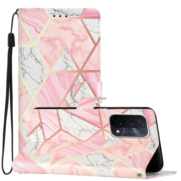 Para Oppo A54 5G / A74 5G / A94 5G Patrón de Impresión Polleja Funda de Billetera PU Cierre Magnético Magnético Flip Cubierta de Teléfono Protectora Con Correa - Mármol Rosa