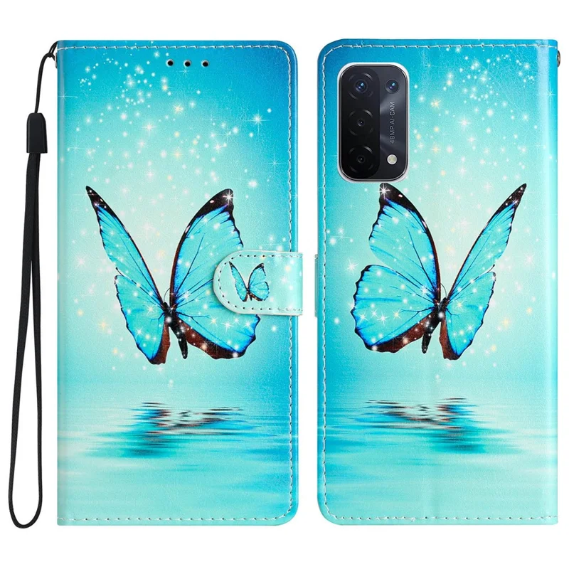 For Oppo A54 5G / A74 5G / A93 5G  Pattern Printing Folding Stand Wallet Case PU Leather Magnetic Closure Flip Protective Phone Cover with Strap - Blue Butterfly