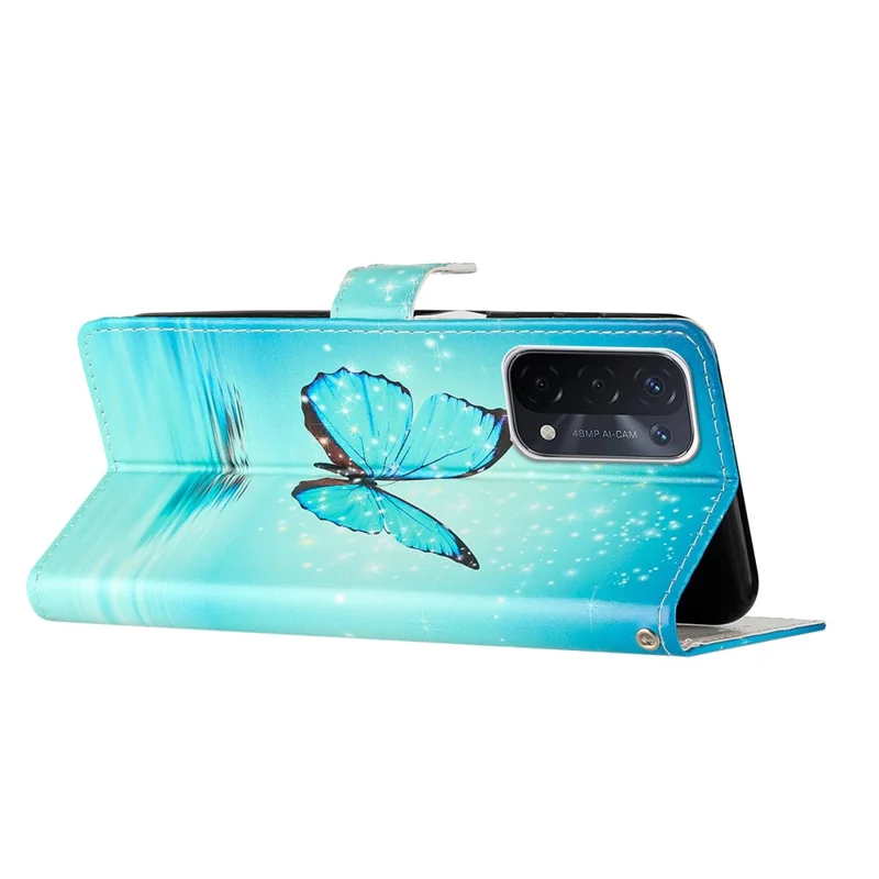 For Oppo A54 5G / A74 5G / A93 5G  Pattern Printing Folding Stand Wallet Case PU Leather Magnetic Closure Flip Protective Phone Cover with Strap - Blue Butterfly