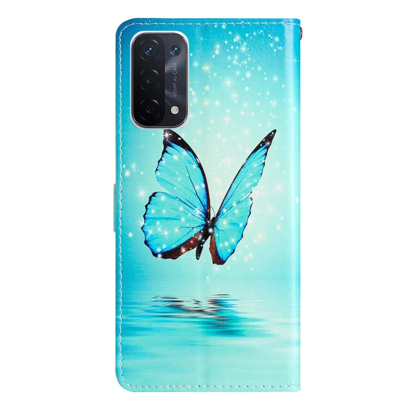 For Oppo A54 5G / A74 5G / A93 5G  Pattern Printing Folding Stand Wallet Case PU Leather Magnetic Closure Flip Protective Phone Cover with Strap - Blue Butterfly