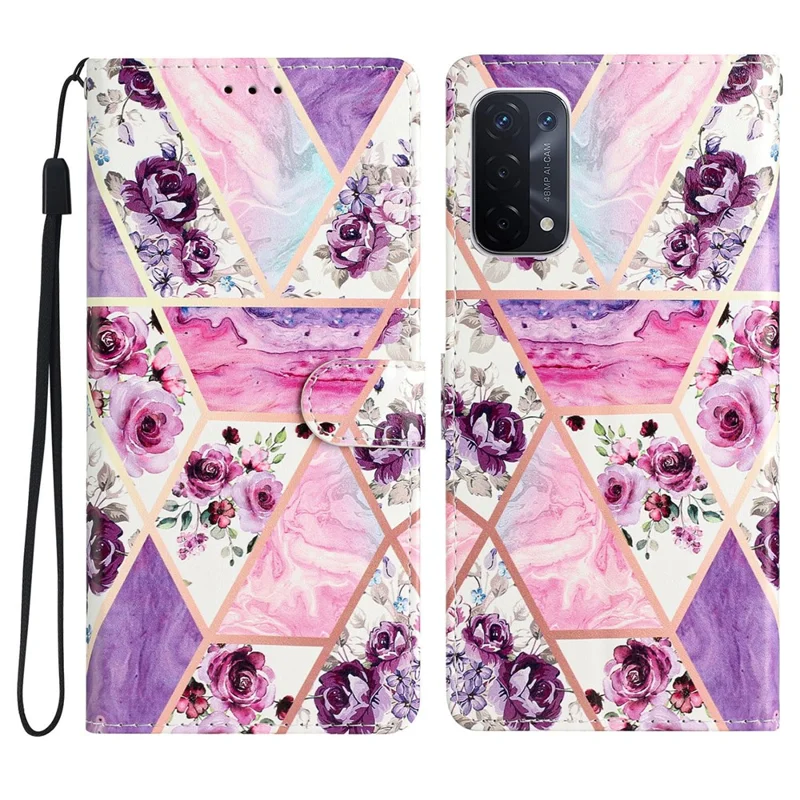 Für Oppo A54 5G / A74 5G / A94 5G Muster Druckklappständer Brieftasche Hülle PU Leder Magnetverschluss Flip -schutz Telefonabdeckung Mit Riemen - Lilane Blumen