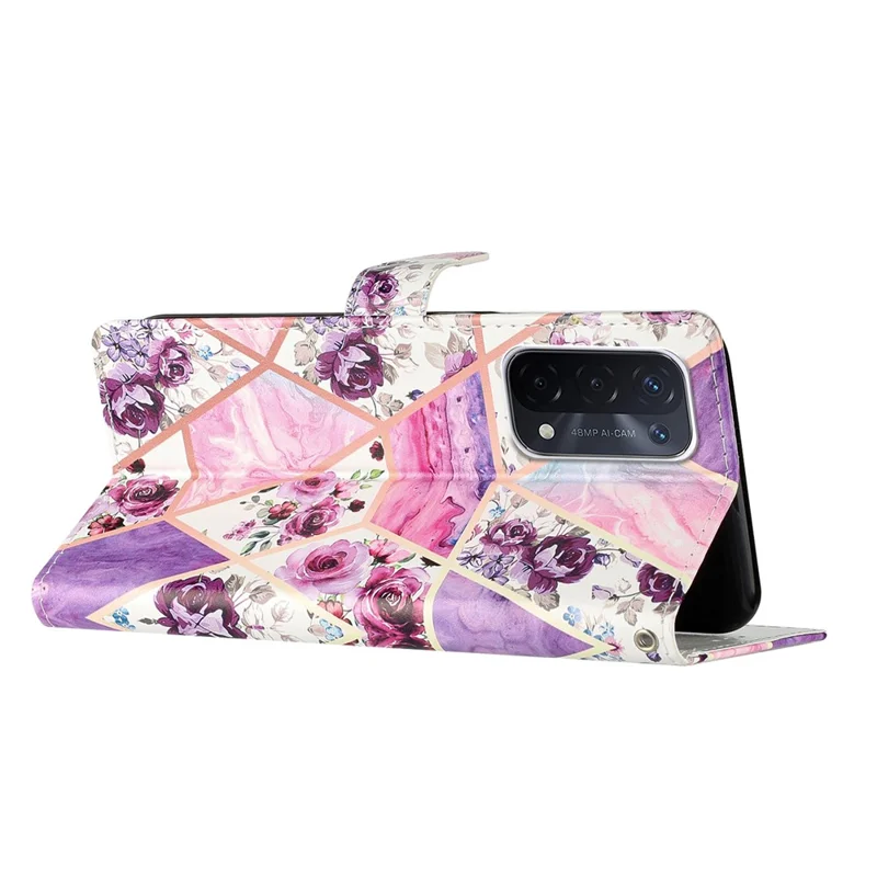 Für Oppo A54 5G / A74 5G / A94 5G Muster Druckklappständer Brieftasche Hülle PU Leder Magnetverschluss Flip -schutz Telefonabdeckung Mit Riemen - Lilane Blumen