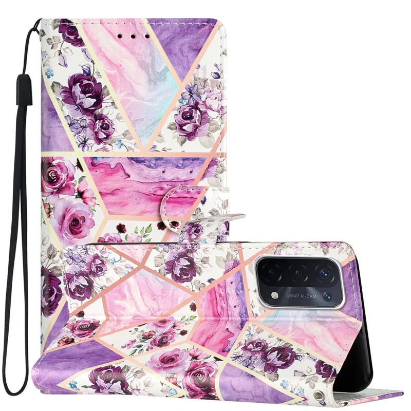 Für Oppo A54 5G / A74 5G / A94 5G Muster Druckklappständer Brieftasche Hülle PU Leder Magnetverschluss Flip -schutz Telefonabdeckung Mit Riemen - Lilane Blumen