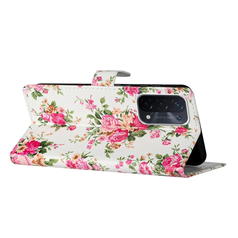 For Oppo A54 5G / A74 5G / A93 5G  Pattern Printing Folding Stand Wallet Case PU Leather Magnetic Closure Flip Protective Phone Cover with Strap - Red Flowers