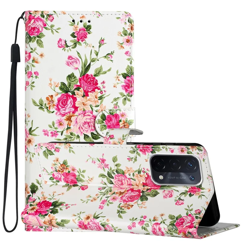 For Oppo A54 5G / A74 5G / A93 5G  Pattern Printing Folding Stand Wallet Case PU Leather Magnetic Closure Flip Protective Phone Cover with Strap - Red Flowers