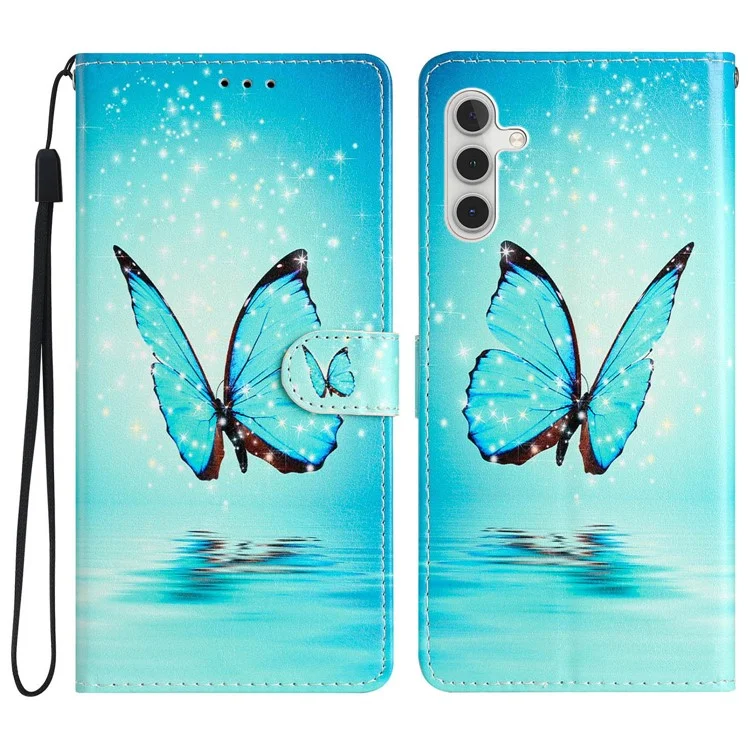 Para Samsung Galaxy A54 5G Padrão de Impressão PU Leather Flip Phone Case Fecho Magnético Stand Wallet Folio Cover com Alça - Borboleta Azul
