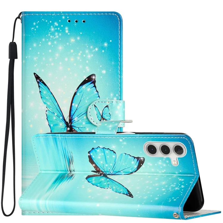 Para Samsung Galaxy A54 5G Padrão de Impressão PU Leather Flip Phone Case Fecho Magnético Stand Wallet Folio Cover com Alça - Borboleta Azul