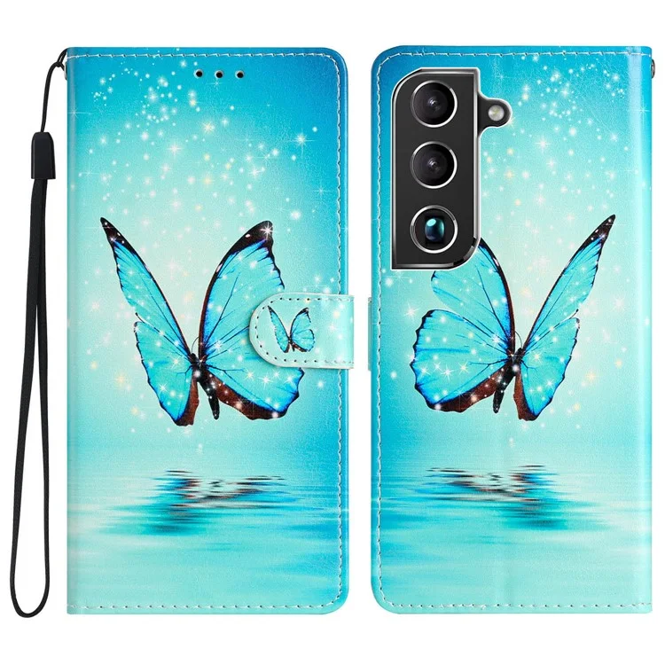 Für Samsung Galaxy S22 5G Musterdruckständer PU-Leder Wallet Phone Case Magnetverschluss Stoßfeste Schutzhülle mit Riemen - Blauer Schmetterling