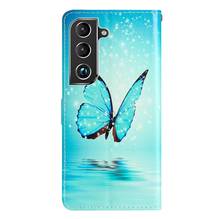 Für Samsung Galaxy S22 5G Musterdruckständer PU-Leder Wallet Phone Case Magnetverschluss Stoßfeste Schutzhülle mit Riemen - Blauer Schmetterling