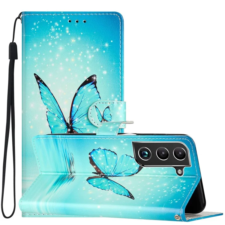 Für Samsung Galaxy S22 5G Musterdruckständer PU-Leder Wallet Phone Case Magnetverschluss Stoßfeste Schutzhülle mit Riemen - Blauer Schmetterling