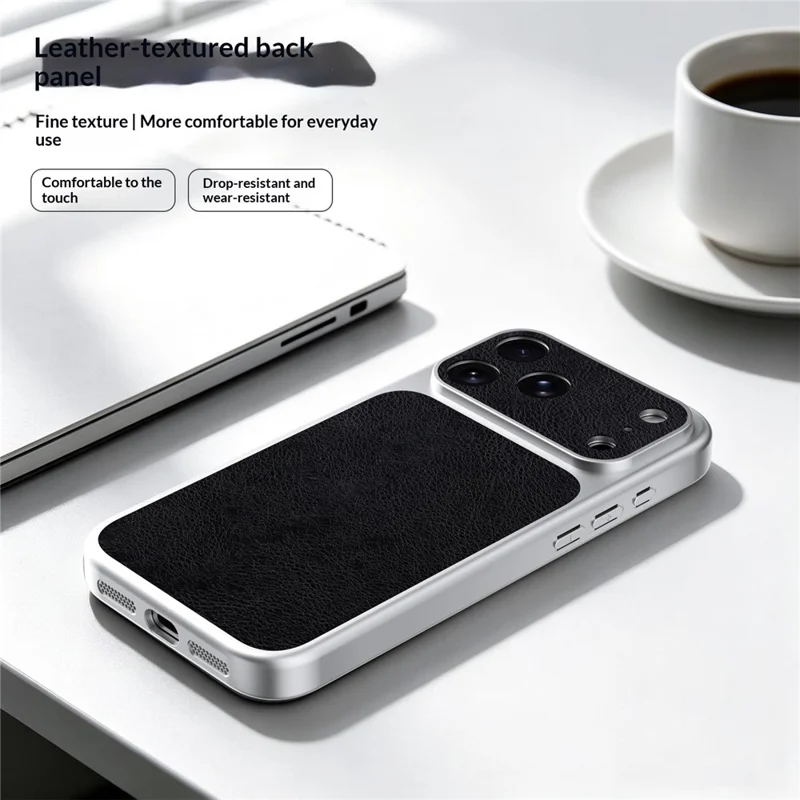 For iPhone 18 Pro  /  17 Pro Case Black PU Leather + PC + TPU Silver Edge Shockproof Phone Cover - Flat Litchi Grain