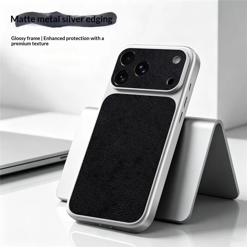 For iPhone 18 Pro  /  17 Pro Case Black PU Leather + PC + TPU Silver Edge Shockproof Phone Cover - Flat Litchi Grain