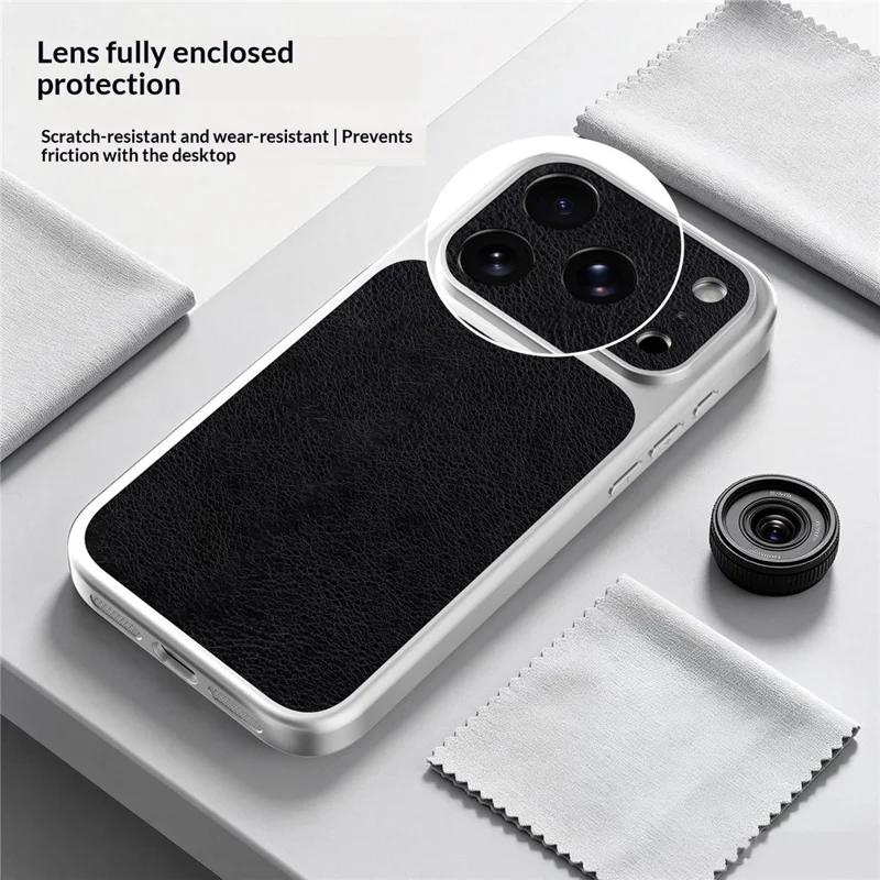 For iPhone 18 Pro  /  17 Pro Case Black PU Leather + PC + TPU Silver Edge Shockproof Phone Cover - Flat Litchi Grain