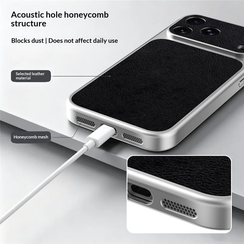 For iPhone 18 Pro  /  17 Pro Case Black PU Leather + PC + TPU Silver Edge Shockproof Phone Cover - Flat Litchi Grain