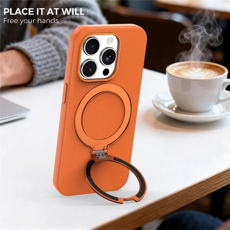 For iPhone 15 Pro Case Magnetic Rotating Kickstand Tech Fabric TPU Protective Cover - Orange