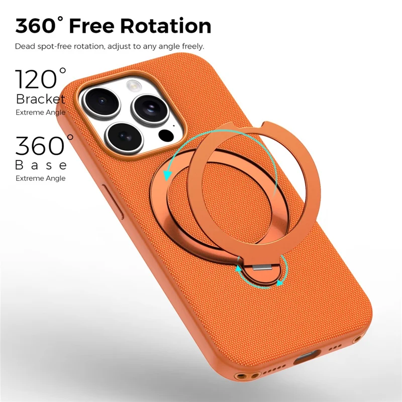 For iPhone 15 Pro Case Magnetic Rotating Kickstand Tech Fabric TPU Protective Cover - Orange