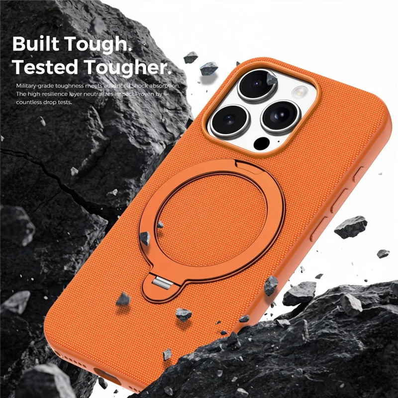 For iPhone 15 Pro Case Magnetic Rotating Kickstand Tech Fabric TPU Protective Cover - Orange