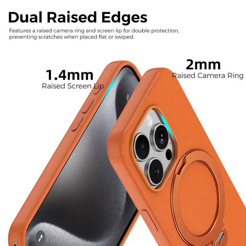 For iPhone 15 Pro Case Magnetic Rotating Kickstand Tech Fabric TPU Protective Cover - Orange