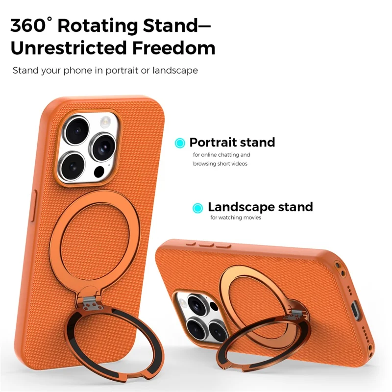 For iPhone 15 Pro Case Magnetic Rotating Kickstand Tech Fabric TPU Protective Cover - Orange