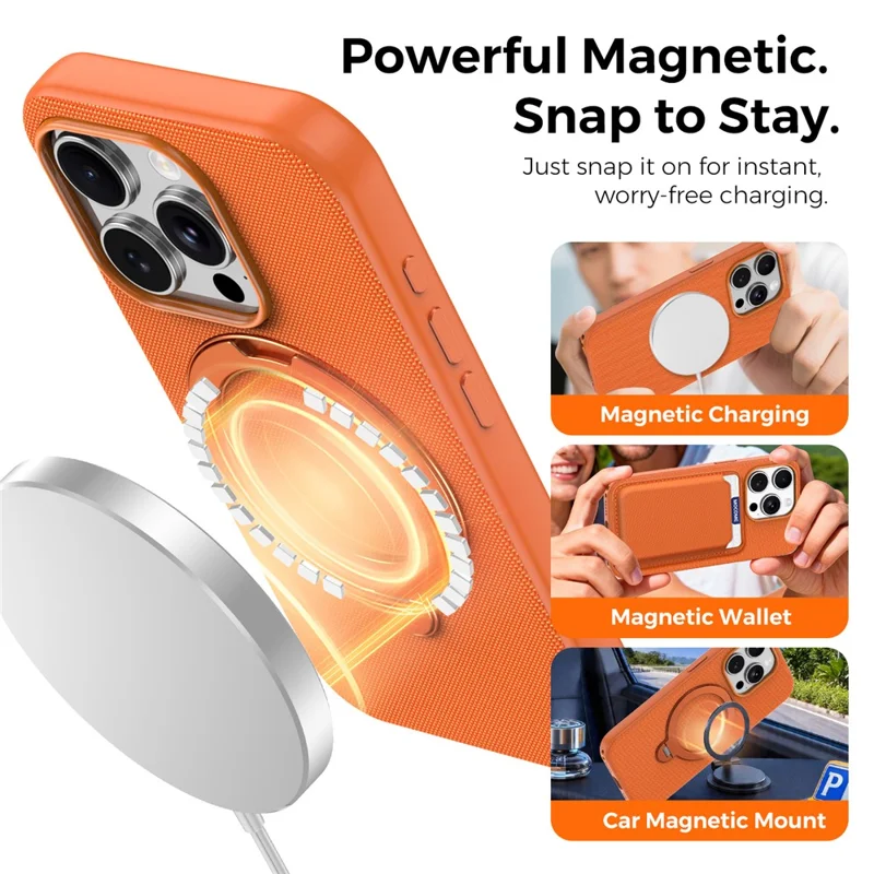 For iPhone 15 Pro Case Magnetic Rotating Kickstand Tech Fabric TPU Protective Cover - Orange